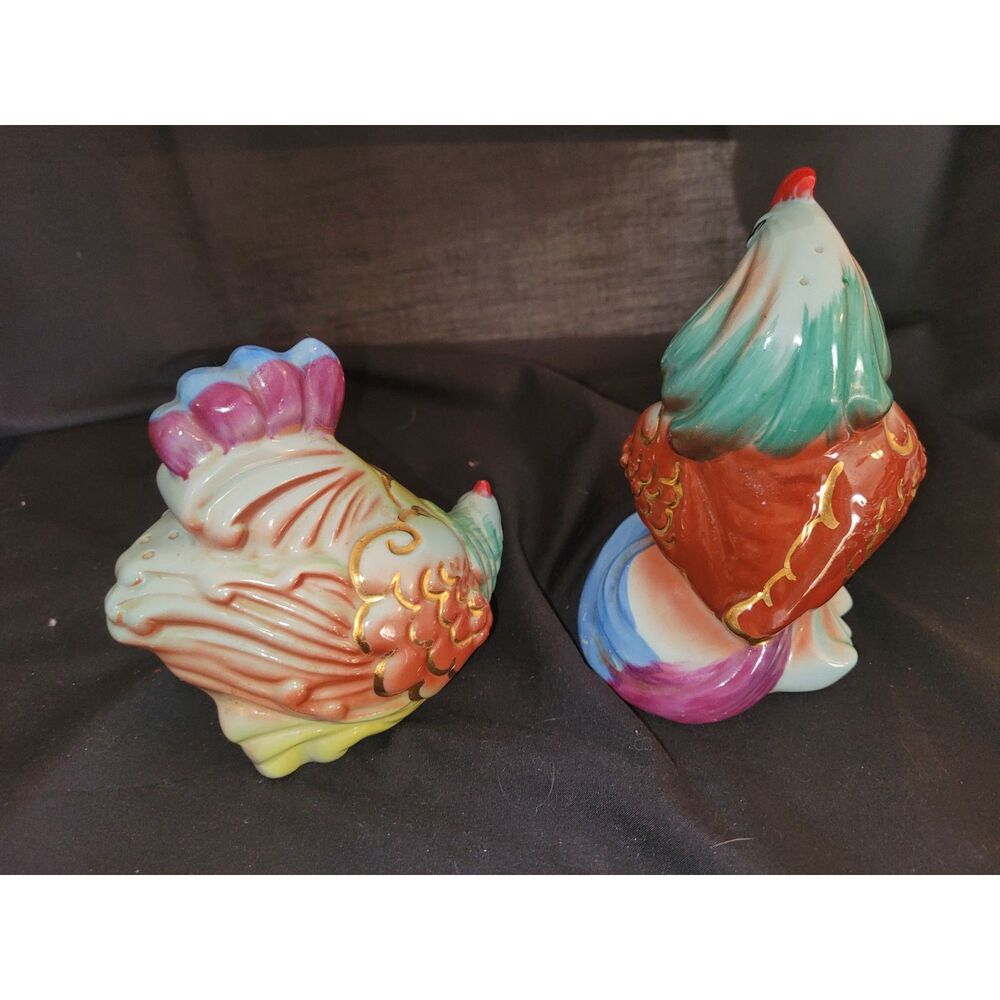 Vintage Lusterware Rooster and Hen Salt & Pepper Shakers Hand-Painted Gold Trim